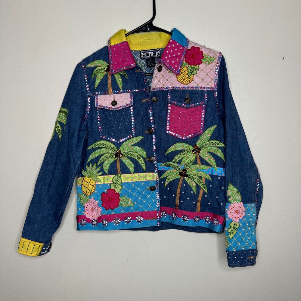Berek Denim Jacket Tropical Palm Tree Pineapple Beaded Sequin Blue Artwear Small